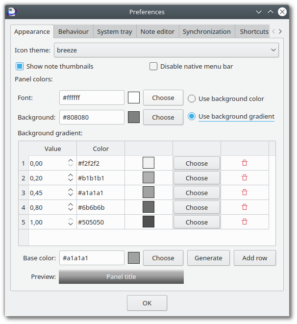 Preferences dialog appearance tab with gradient