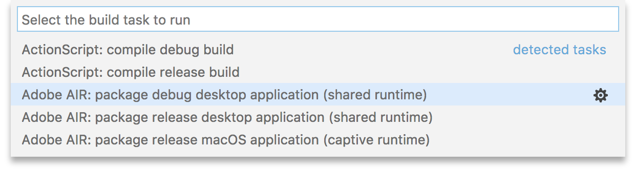 Screenshot of packaging tasks for AIR desktop in Visual Studio Code