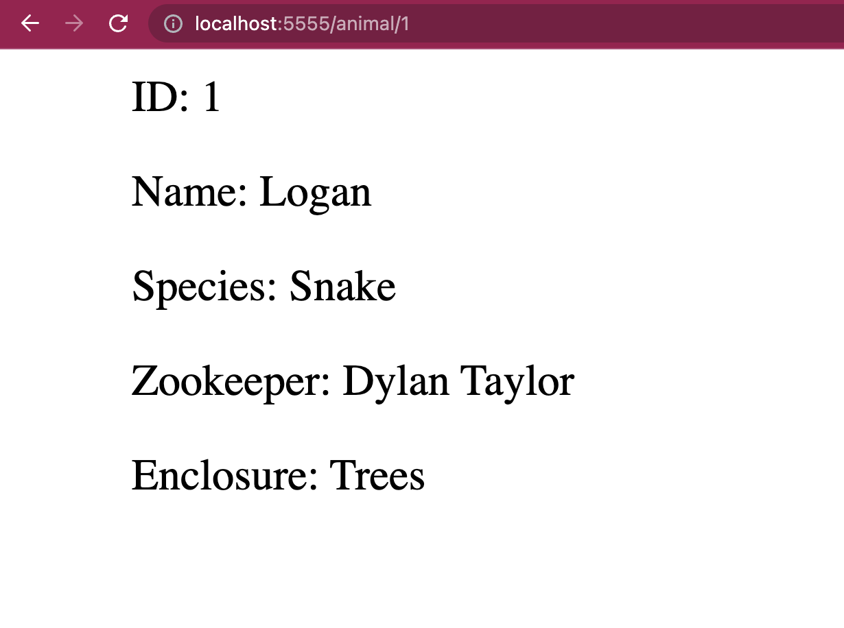 animal ID 1, name Logan, species Snake, zookeeper Dylan Taylor, enclosure trees