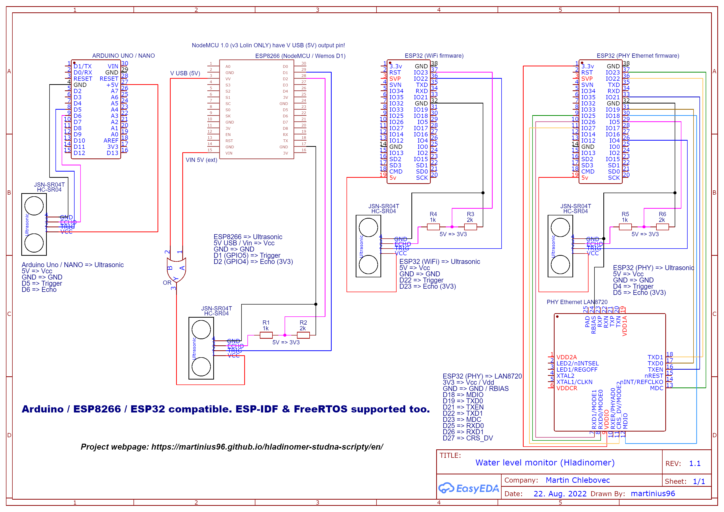 Wiring diagram - level meter - sensor HC-SR04 / JSN-SR04T