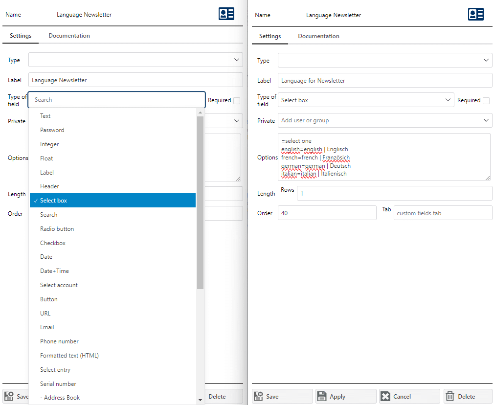 Admin - Application - Address book -custom fields