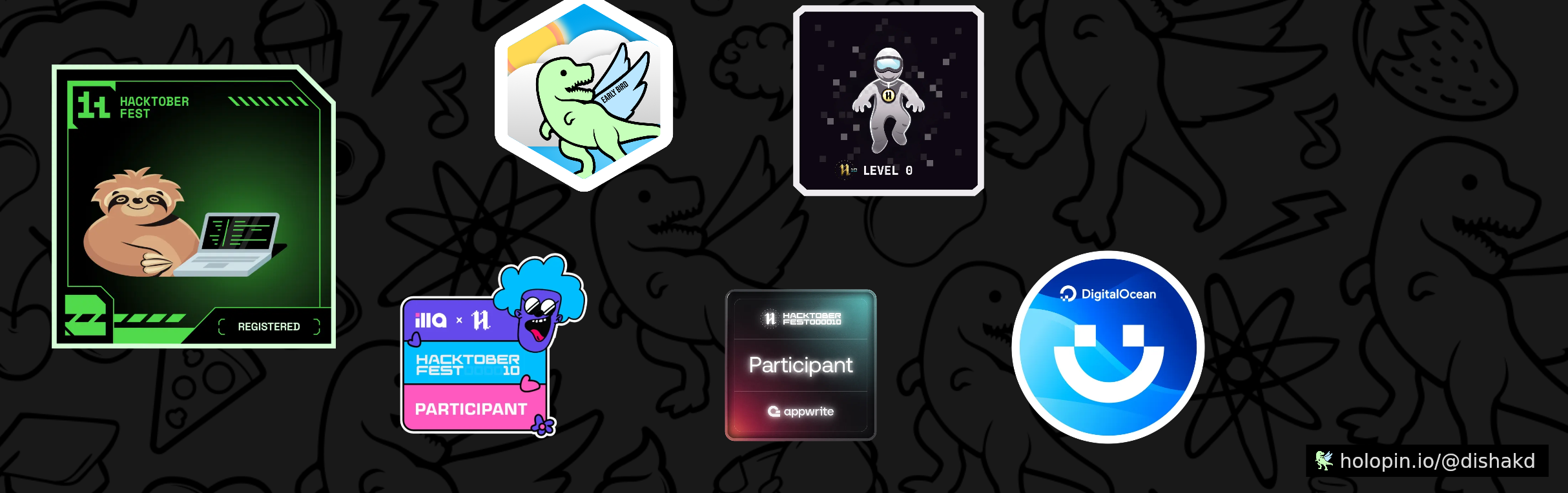 An image of @dishakd's Holopin badges, which is a link to view their full Holopin profile