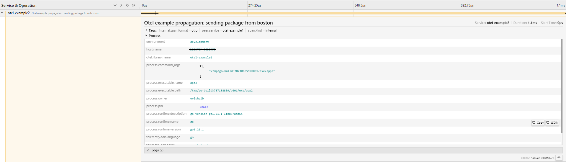 Span metadata containing information about the system and the sender