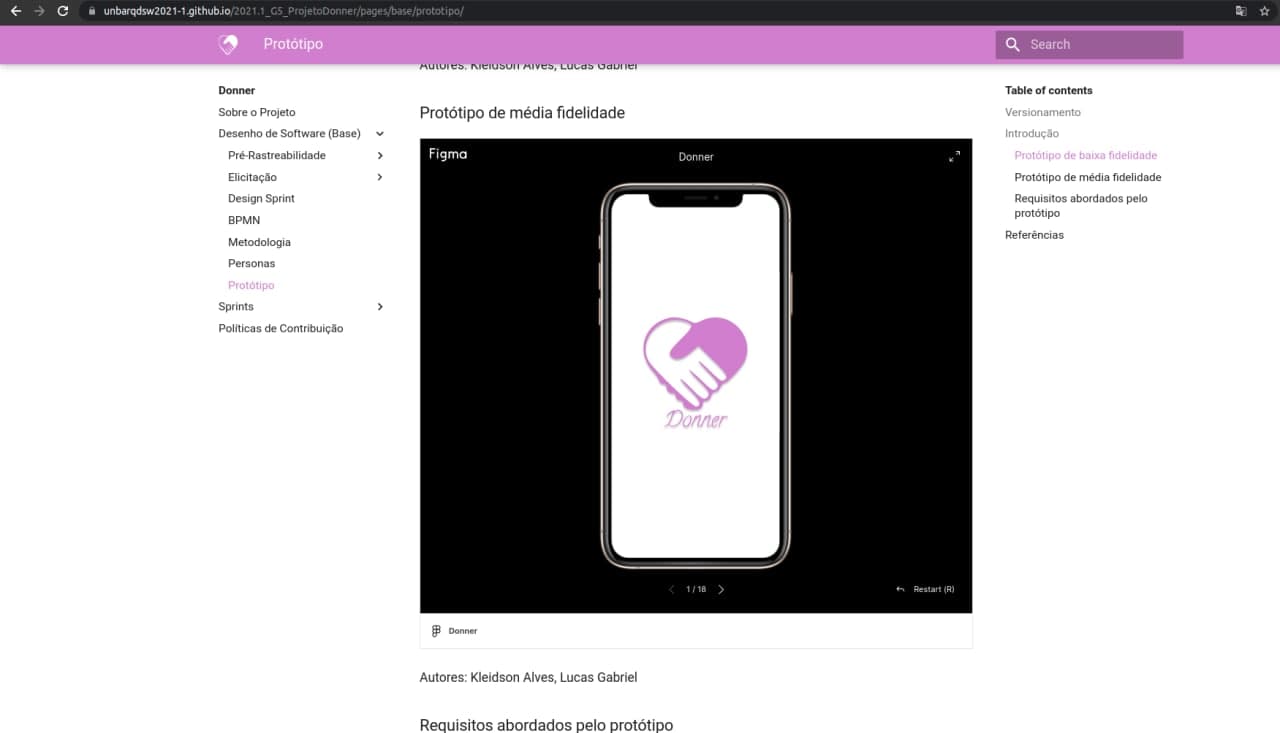 Página do projeto, protótipo de média fidelidade