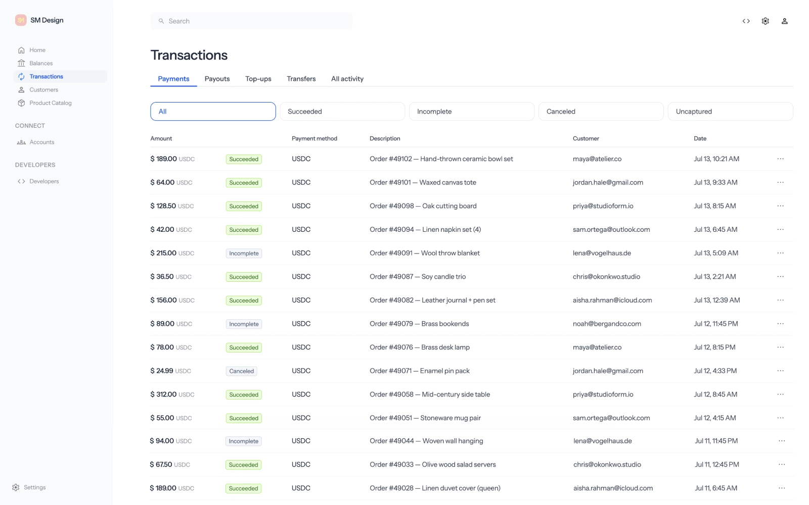Payment activity in the Zoneless dashboard
