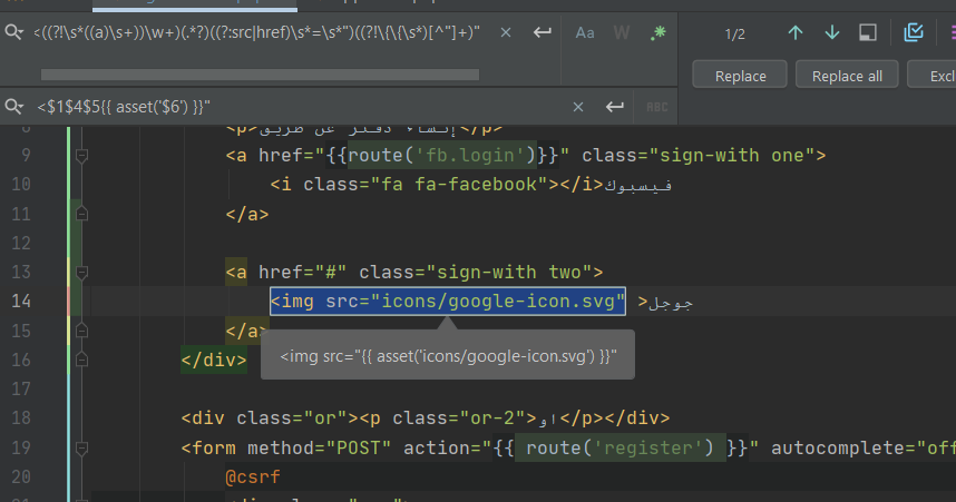 screenshot of find and replace in PHPstorm
