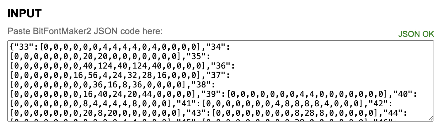 Screenshot of the INPUT section of the bmfontconvert tool with valid JSON data pasted into it