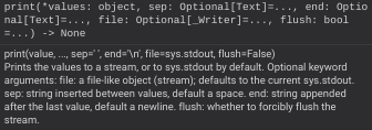 print(*values: object, sep: Optional[Text]=..., file: Optional[_Writer]=..., flush: bool=...) -> None