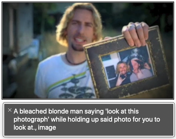 Screenshot of VoiceOver reading the newly added alt text "A bleached blonde man saying 'look at this photograph' while holding up said photo for you to look at."