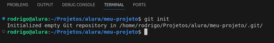 Terminal exemplificando a resposta de criação do repositório