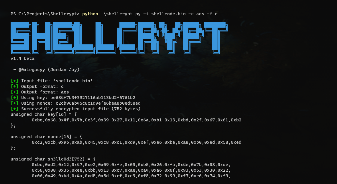 Screenshot of Shellcrypt encrypting shellcode