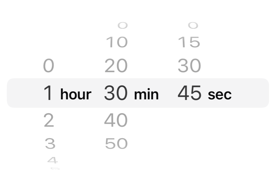 A screenshot of a duration picker showing the selected value of 1 hour, 30 minutes, and 45 seconds.