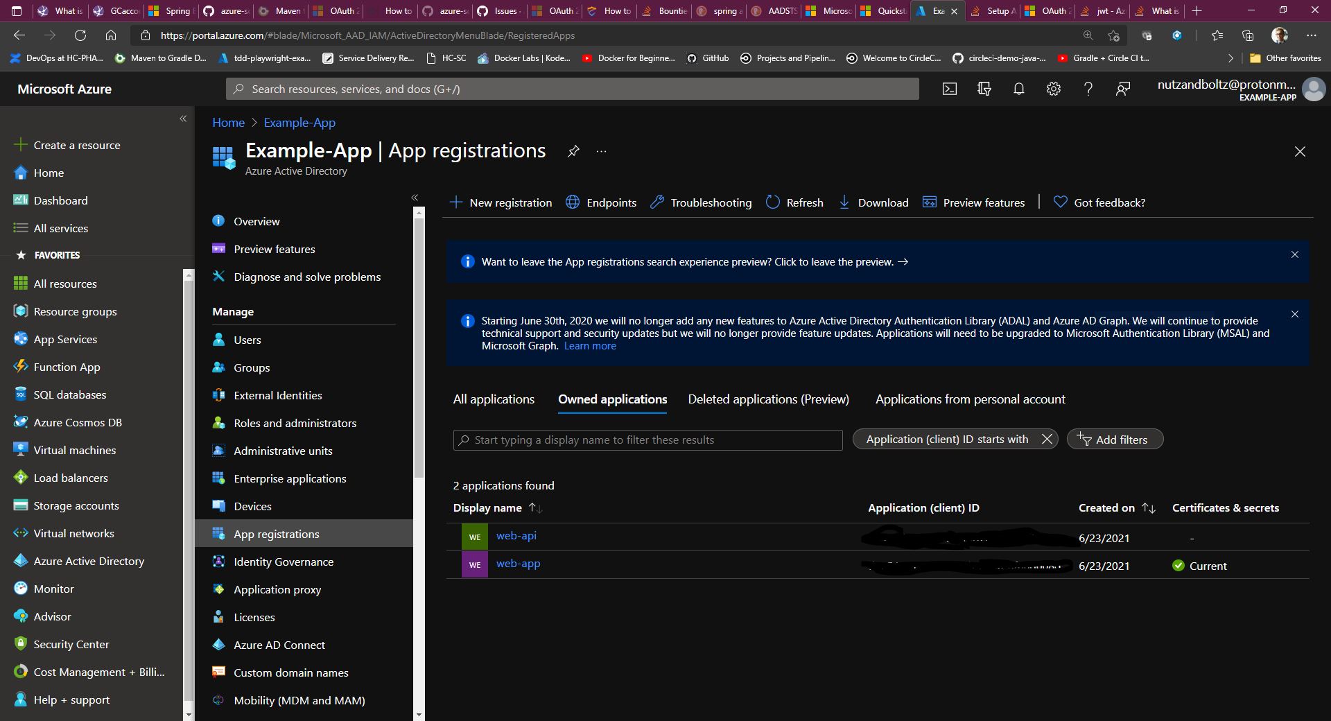 Web-app and web-api registered applications