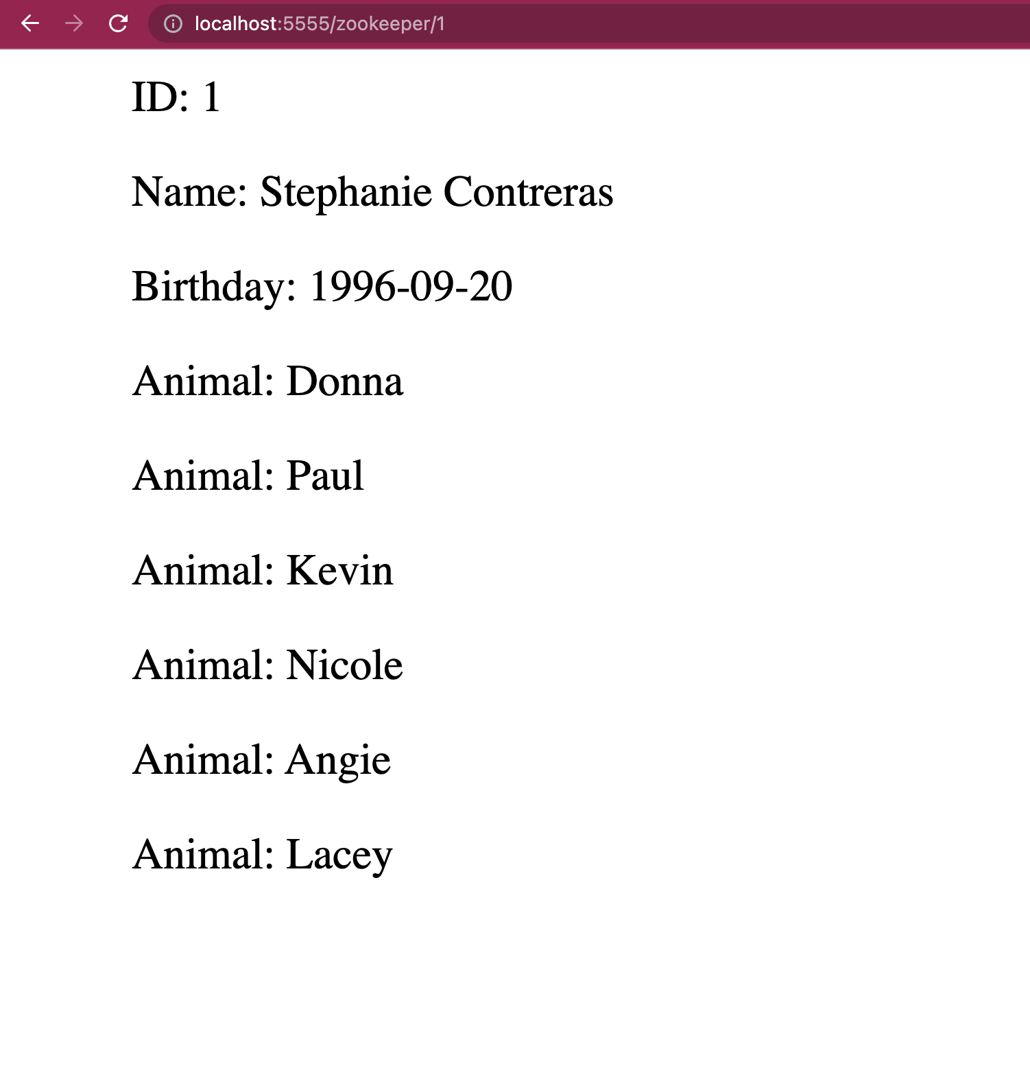 zookeeper name Stephanie Contreras, birthday 1996-9-20, 6 animals