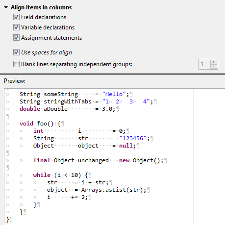 formatter align in columns