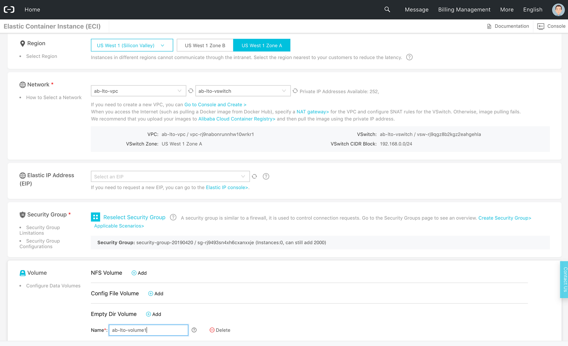 Alibaba Cloud — LTO node — We’re back in the ECI configuration page