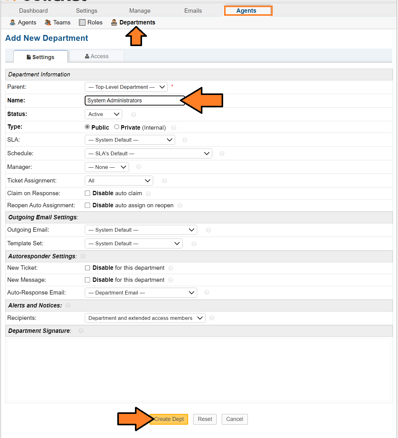 create department name