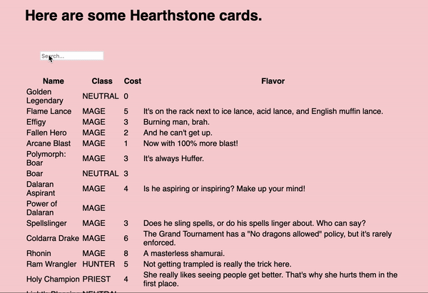 Example of mock search bar searching through list of hearthstone cards