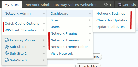 Multisite Toolbar Additions: New Network specific menu items located in "My Sites" toolbar parent item. (Click here for larger version of screenshot).