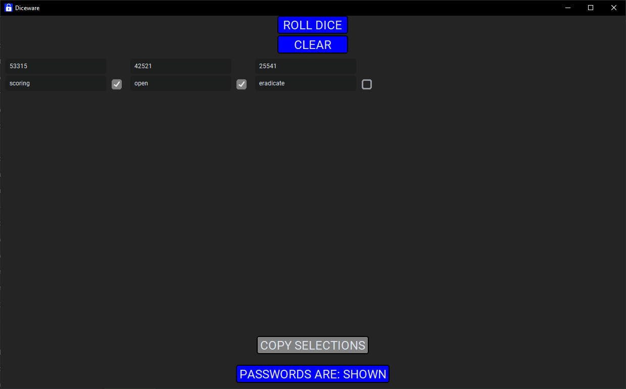 Diceware window with 3 generated shown passwords, 2 checkboxes ticked and the 'copy selections' button about to be clicked