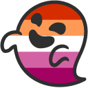 A happy ghost coloured in the lesbian flag
