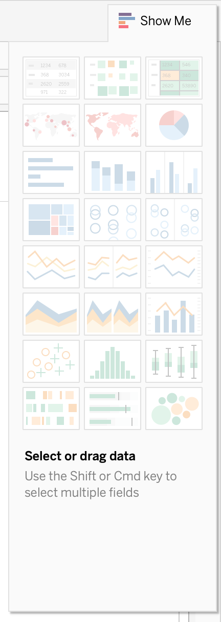 Image of the Show Me Pane with icons of different visualizations available