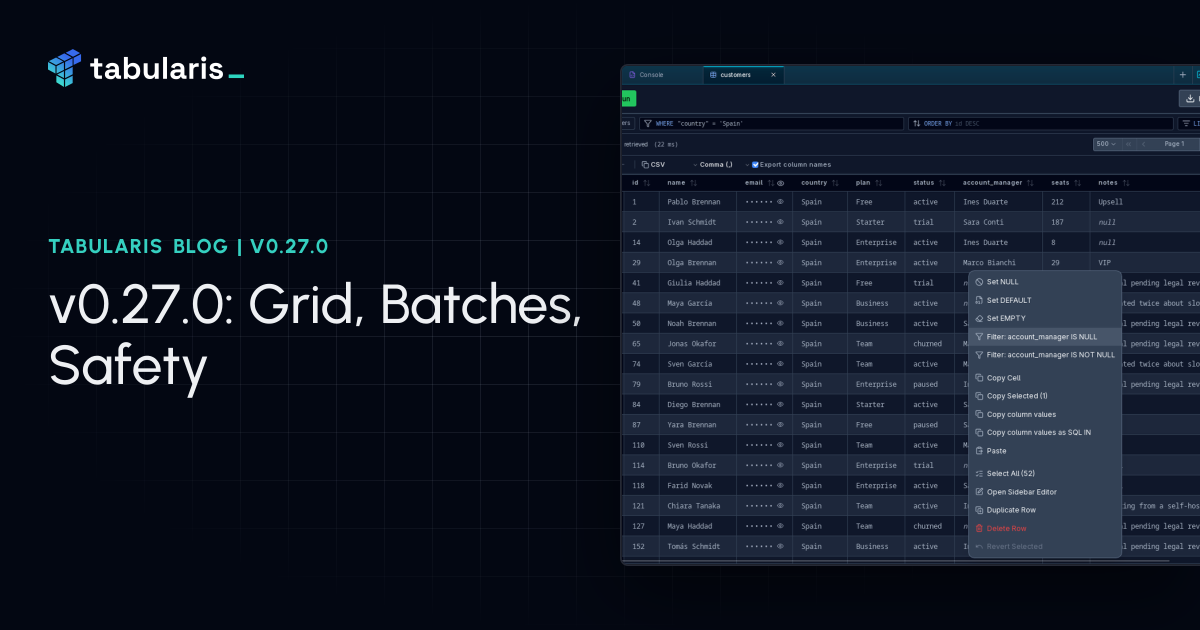 v0.27.0: Filter From a Cell, Columns That Hold Still, and T-SQL That Runs as a Batch