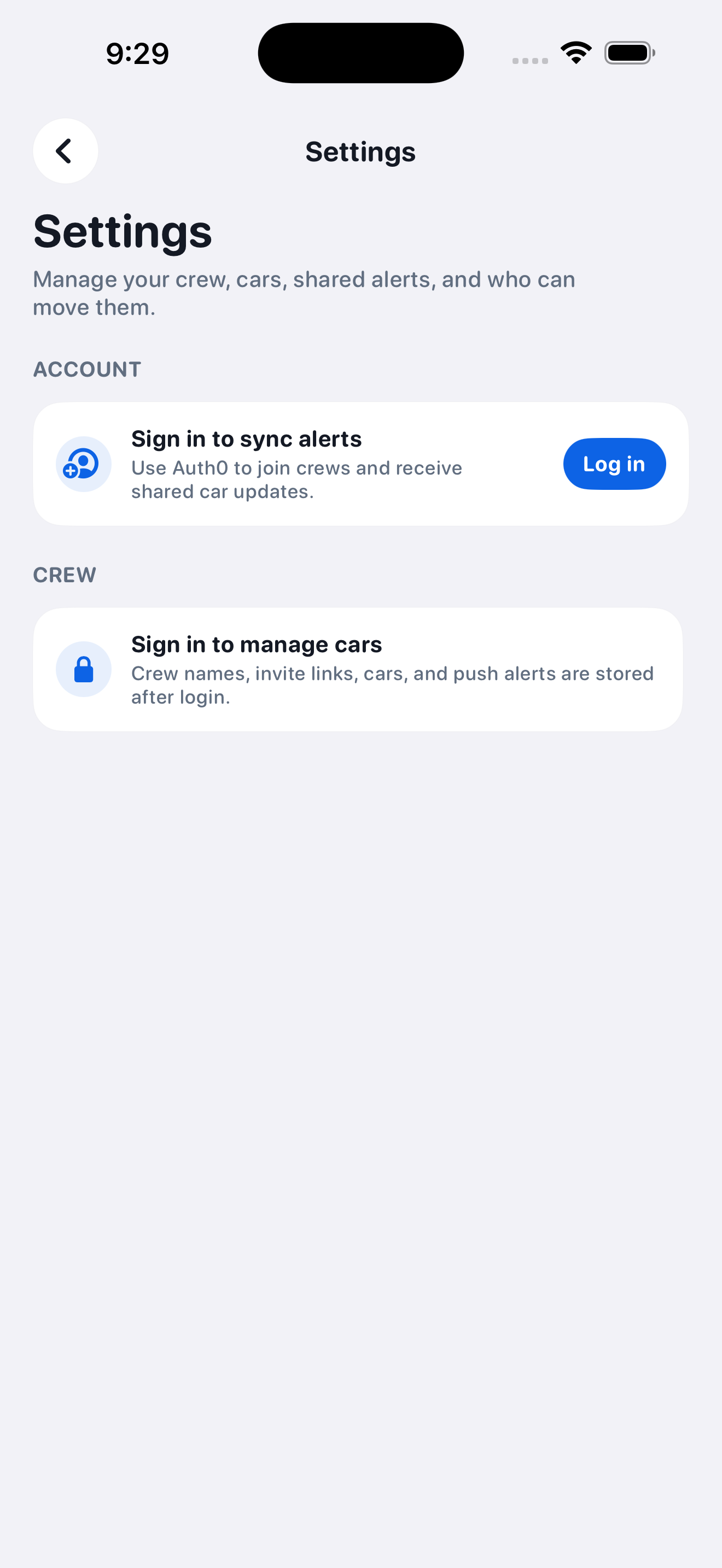 Settings unauthenticated before - light mode