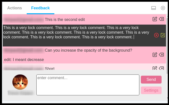 storybook-feedback ui editing a comment