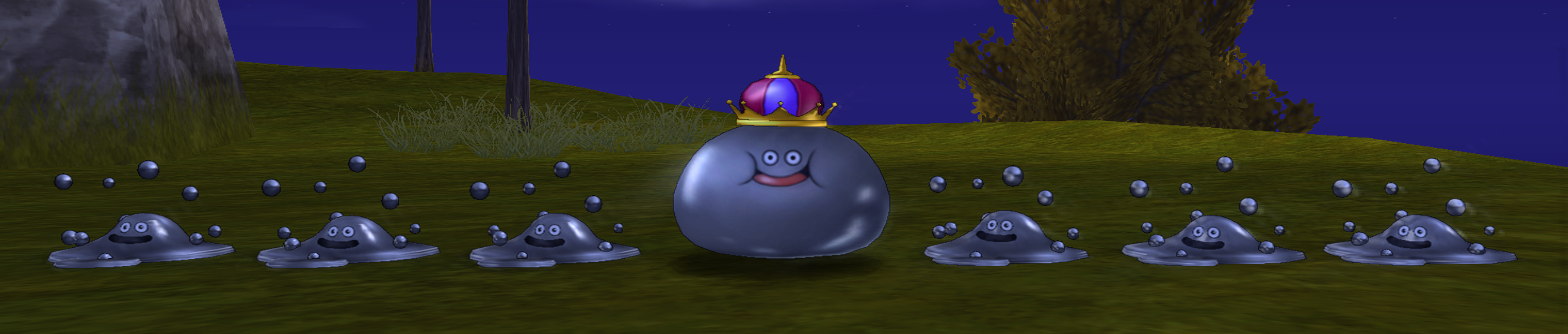 An enemy encounter consisting of a Metal King Slime flanked by three Liquid Metal Slimes on both sides