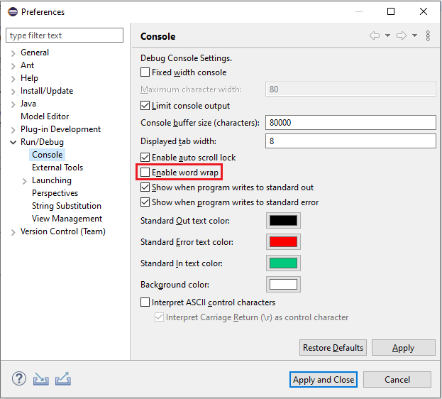 console preferences word wrap