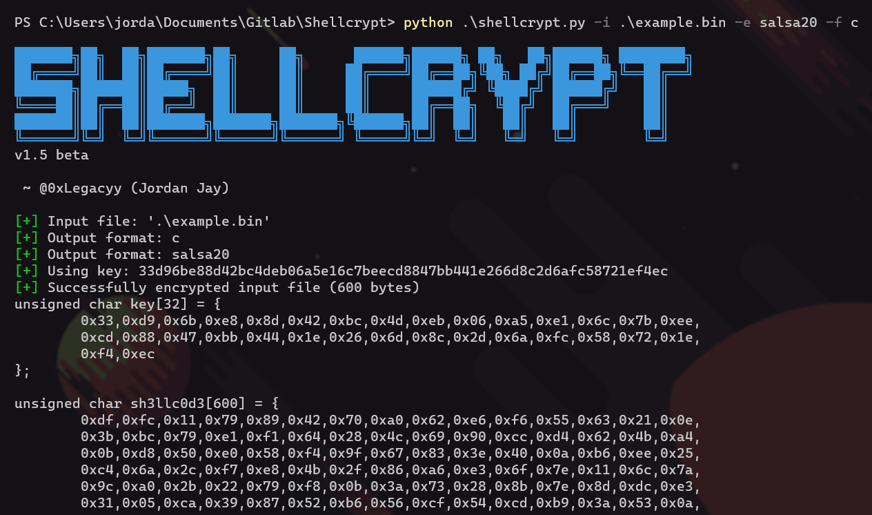 Screenshot of Shellcrypt encrypting shellcode
