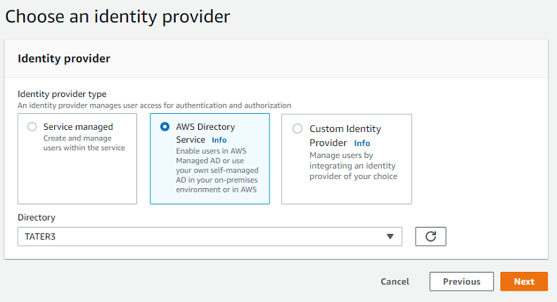 [Console screenshot showing Choose identity provider section with Directory Service selected.]