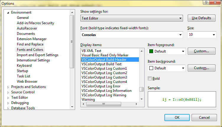 screen shot of VSColorOutput colors dialog