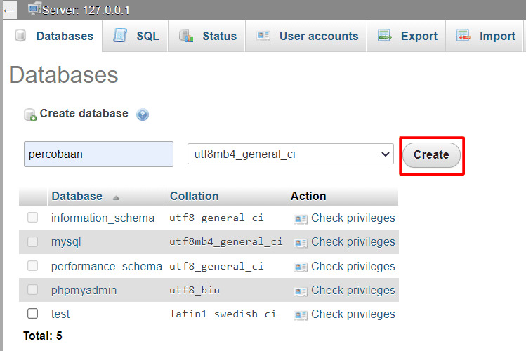 Tampilan Create Database phpMyAdmin