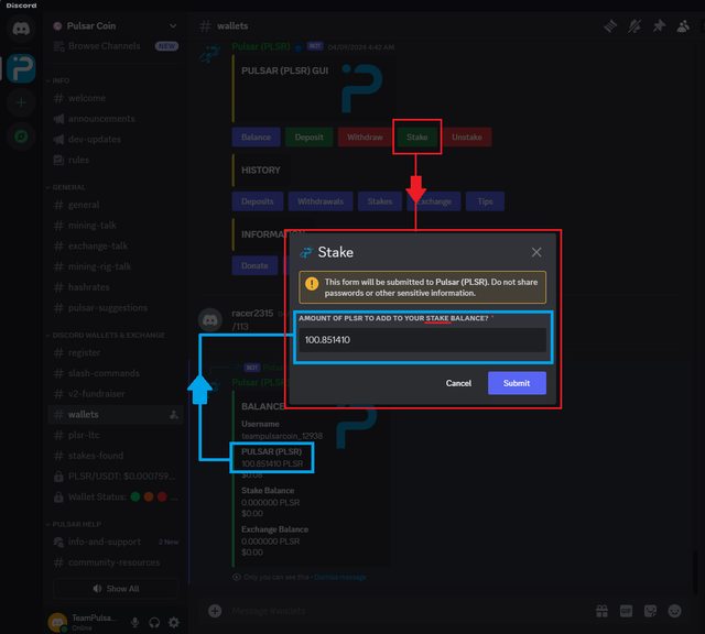 Clicking on the Stake button will darken the screen and prompt the user for an amount to stake from the working balance.