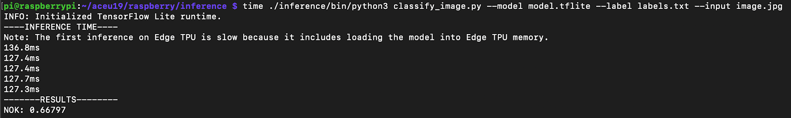 TF Lite invoke time when not using the Edge TPU — about 127ms/image