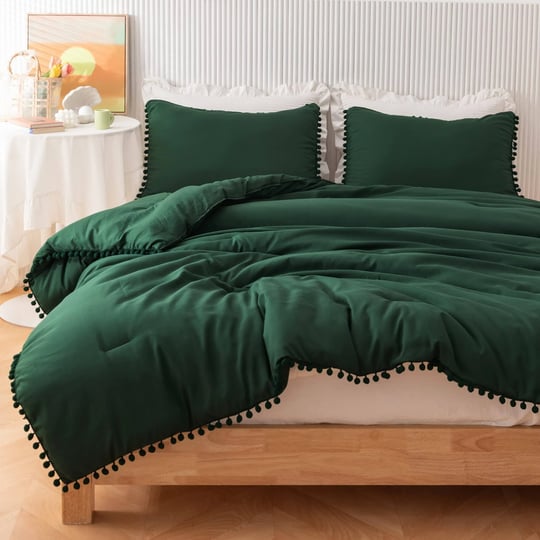 yirddeo-dark-green-comforter-king-set-3pcs-boho-ball-pom-pom-bedding-aesthetic-emerald-green-comfort-1