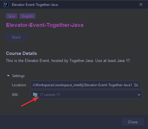 Select Java 17 and start
