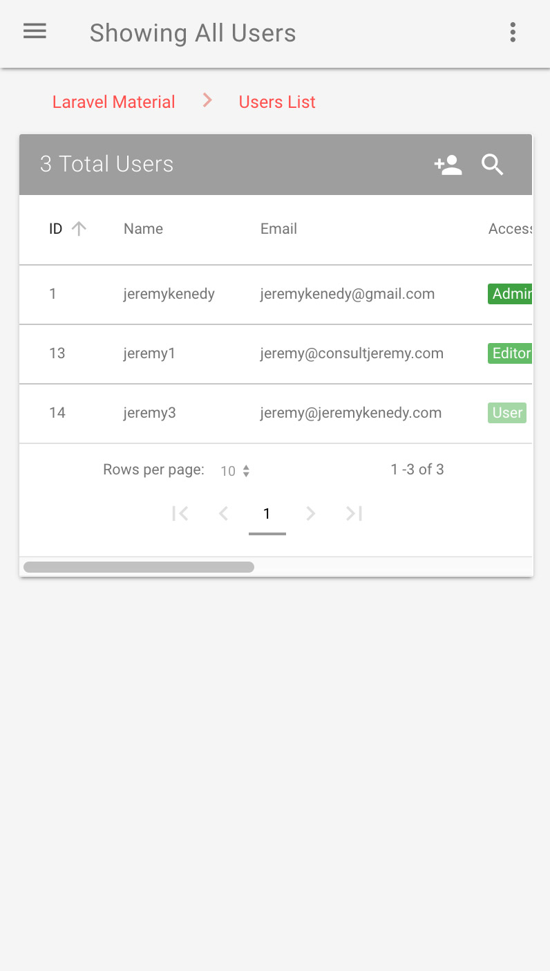 Admin View - User List Mobile