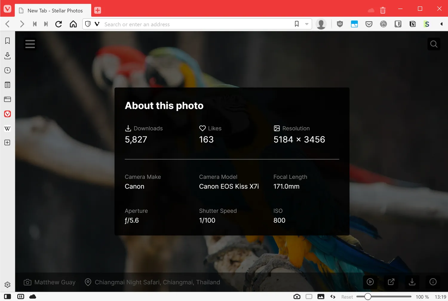 Screenshot of Stellar Photos on Vivaldi showing photo information