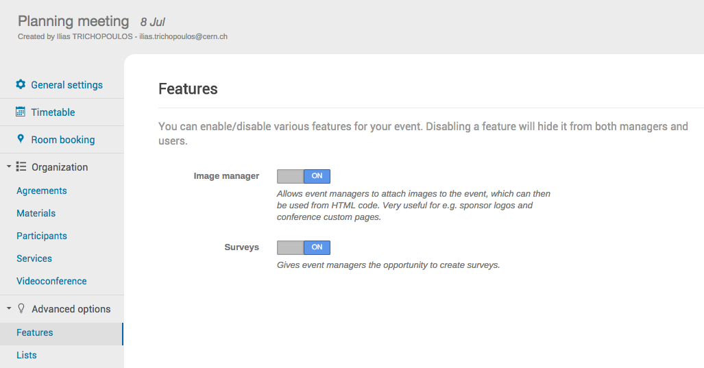 Features management page