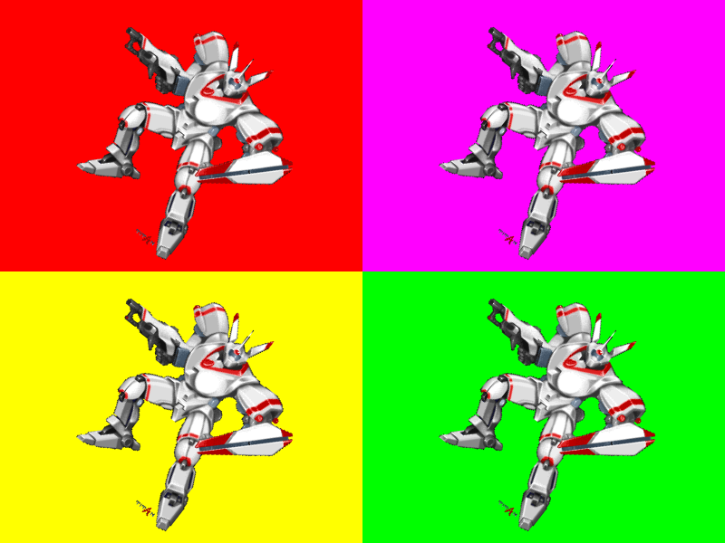 Four cameras showing a giant robot