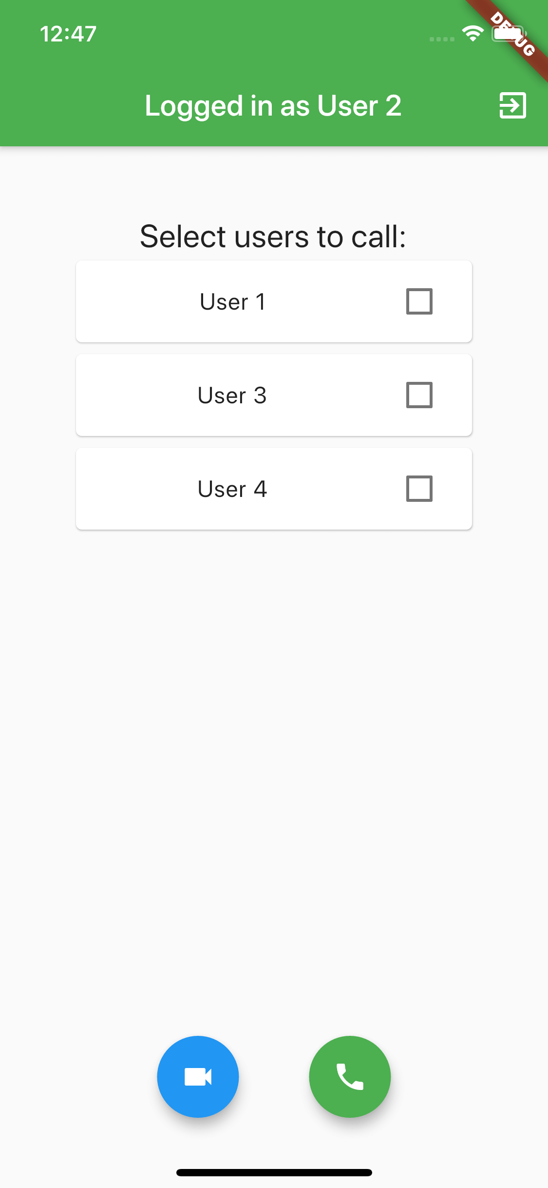 Flutter P2P Calls code sample, select users