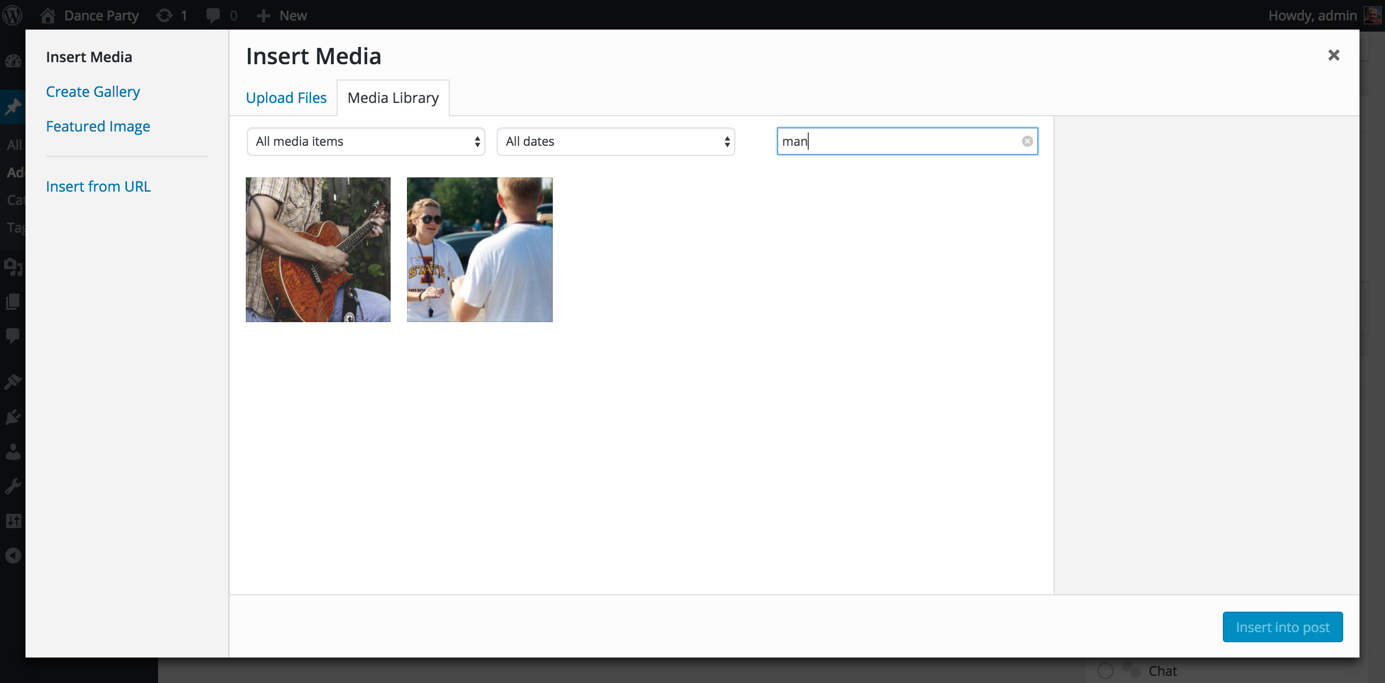 Tags are searchable from within the Insert Media modal window when editing a post, too