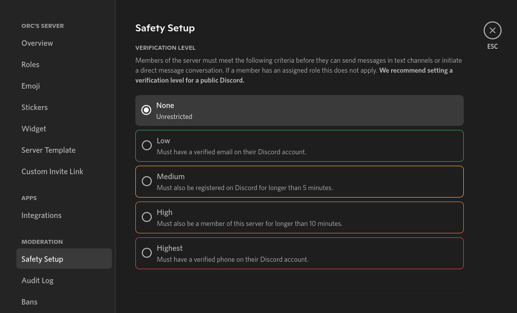 screenshot of guild settings, safety setup showing radio buttons