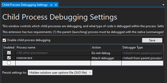 Child process debugging settings