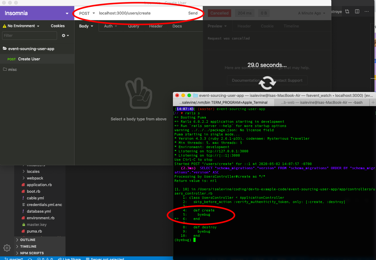 screenshot showing Insomnia request, and console inside a byebug session