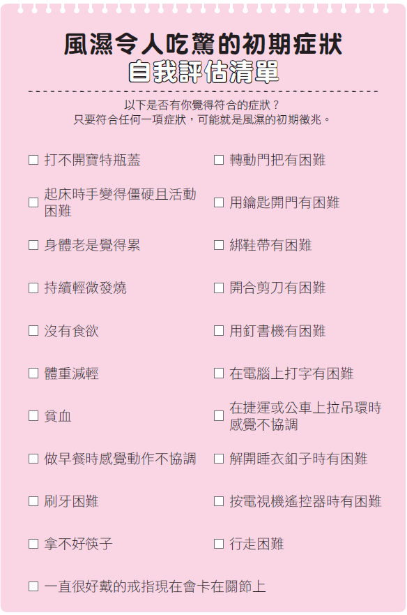 类风湿性关节炎有许多令人吃惊的初期症状。（世茂提供）