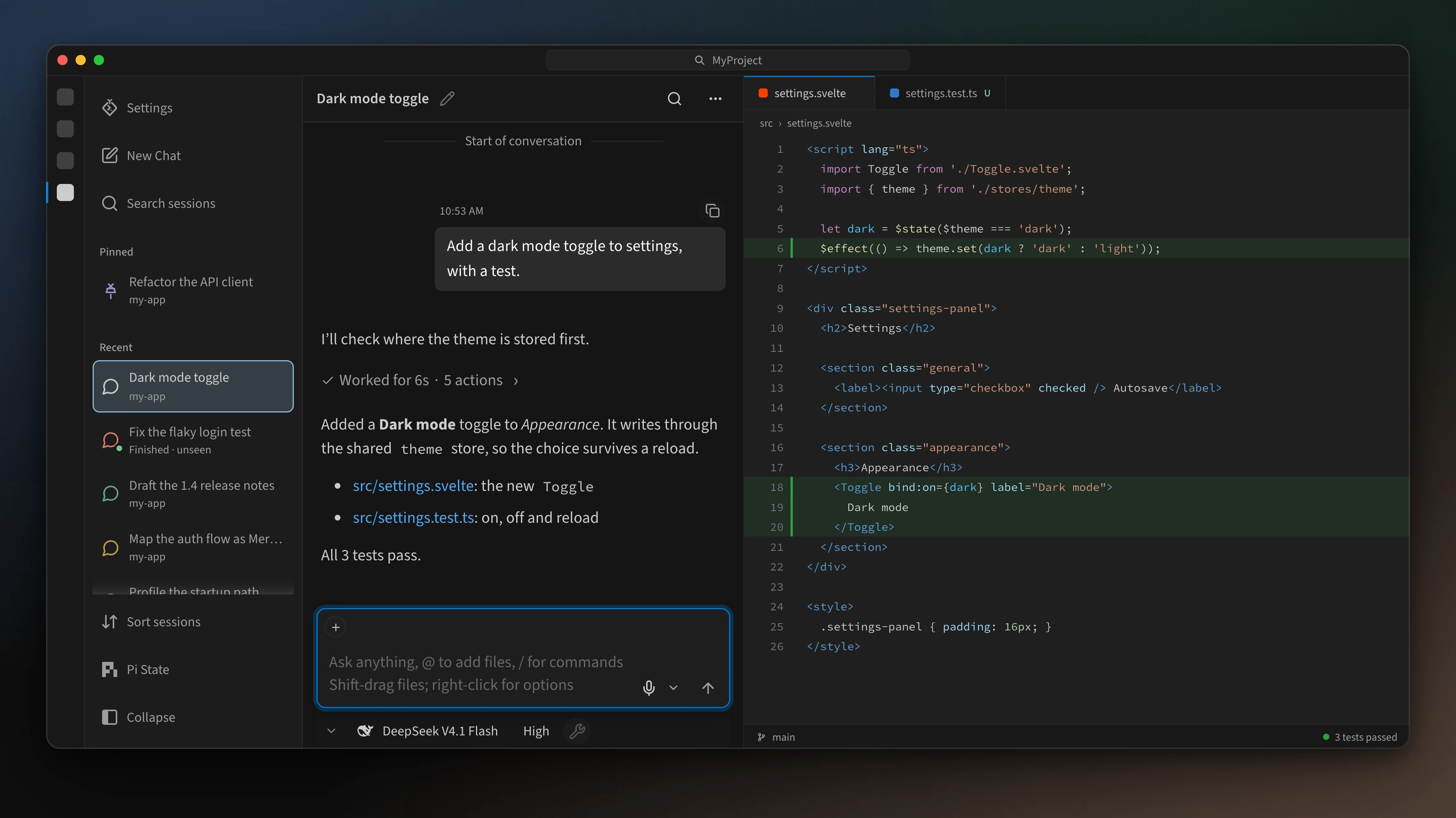 Pendant in VS Code: the session rail, a finished agent run and its edit in the editor